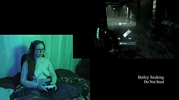 Naked brunette plays deadspace game part three