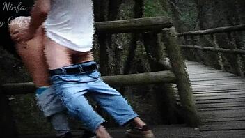 Fucking brunette with big tits bent over in forest! Risk of getting caught!