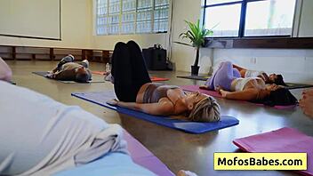 horny blonde lindsey lakes sucks johnny love's huge cock in yoga class.