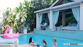 Muff diving and banging by the pool with hot lesbians in a gang bang