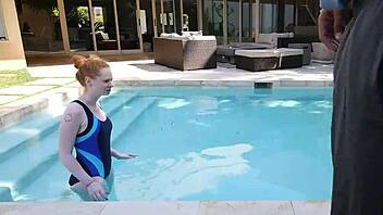 Pale Redhead Ruby Red, Teen 18+, Banged by Swimming Coach Outdoors. Her Bent Over Ride is Insane!