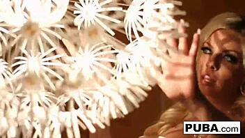 Damn, sexy blonde teases solo in retro style!