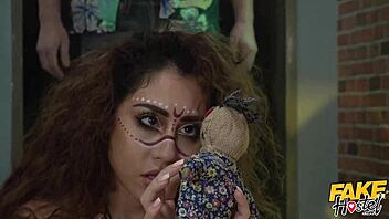 fake hostel halloween - petite girl in voodoo costume surprises guy with amazing experience