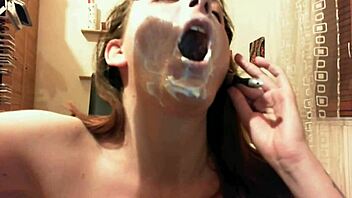 European woman applies cream to face and body.