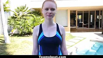 Pale Redhead Ruby Red, Teen 18+, Banged by Swimming Coach Outdoors. Her Bent Over Ride is Insane!