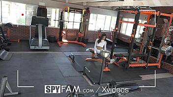 spyfam step sister catches wimpy step bro peeping on her masturbating at gym