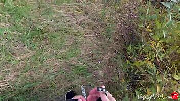 Redhead kitty sucks stranger's dick then doggy fucks outdoors