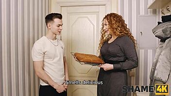 A young and energetic man fails to seize the opportunity to have sex with his mature neighbor in the kitchen.