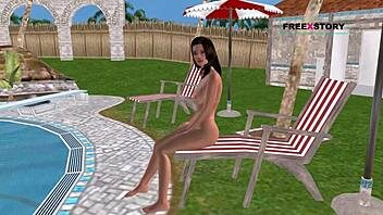 Animated 3D Cartoon Girl Poses Sexily and Showers by Pool