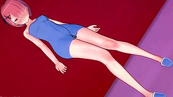A 3D adult cartoon featuring a pink-haired hero giving a foot job in a love hotel.