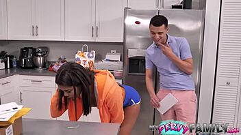 Suspended stepsister swallows big cock