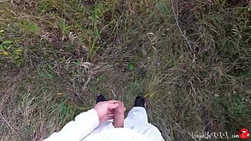 Redhead kitty sucks stranger's dick then doggy fucks outdoors