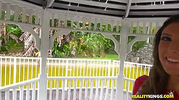 Sabrina gives a street blowjob, cumshot on her face in POV.