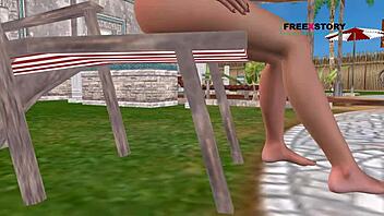 Animated 3D Cartoon Girl Poses Sexily and Showers by Pool