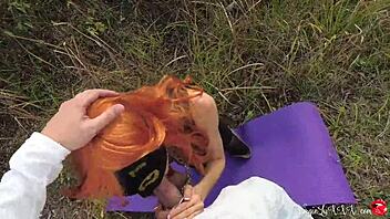 Redhead kitty sucks stranger's dick then doggy fucks outdoors