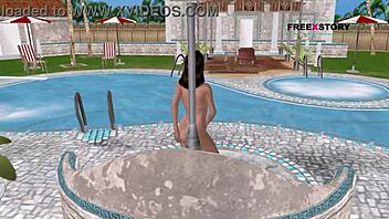 Animated 3D Cartoon Girl Poses Sexily and Showers by Pool