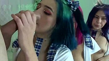 Jazmin and her friends have a throat fucking competition with a big cock.