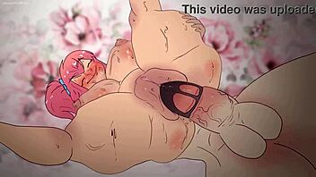 A 2D cartoon of a pink-haired girl getting fucked by a Hentai penis extender