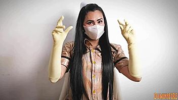 Nurse In Hospital Layers Latex Gloves For Femdom Fetish With Patient