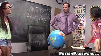 Nerdy Roxanne Rae sucks teacher's monster cock in threesome, cumshot on tits.