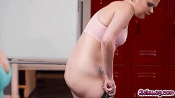 Eliza Ibarra and Coco Lovelock, cheerleaders, have sex in the locker room.