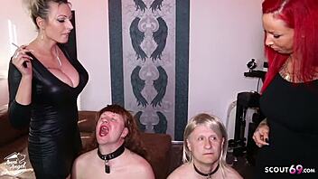 German dominas control their slaves with dirty latex licks 😈