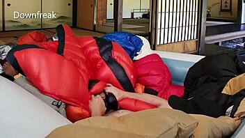 Nylon-clad humping in an inflatable pool for fetishists.