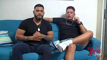 two hung guys dominate a petite venezuelan redhead in her living room.