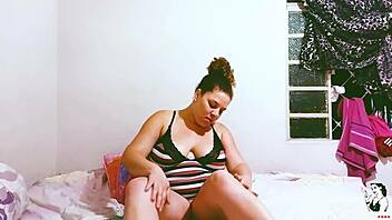 Latina bride lays lopes masturbates in trailer while groping big tits and pussy