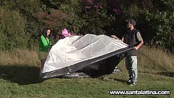 Hot lesbian scene with mature women at the campsite