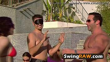 Blindfolded pool party: Horny couples try out kinky games