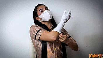 Nurse In Hospital Layers Latex Gloves For Femdom Fetish With Patient