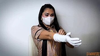 Nurse In Hospital Layers Latex Gloves For Femdom Fetish With Patient