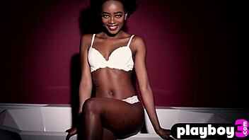 sweet ebony babe alicia strips out of white lingerie in a passion striptease