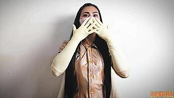 Nurse In Hospital Layers Latex Gloves For Femdom Fetish With Patient