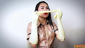 Nurse In Hospital Layers Latex Gloves For Femdom Fetish With Patient