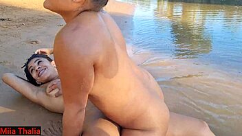 Public romp by the river with a big fisherman and a blowjob enthusiast