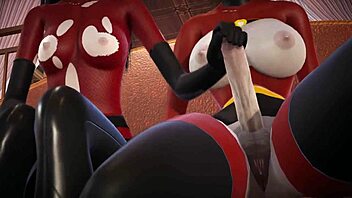 Beautiful 3D animated scene with double futanari action in The Incredibles movie.