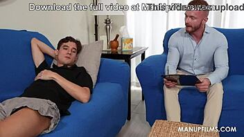 Horny gay licks tattooed bodybuilder's feet close up