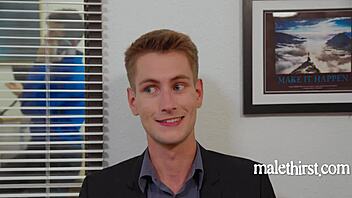Workplace gay romance parody with office action at MaleThirst.