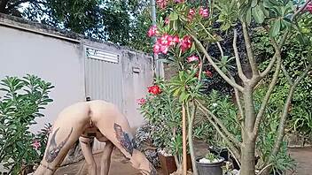 Tattooed woman fully naked showing off her hairy pussy and big ass.