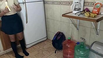 Stepfather and stepdaughter have an affair in the kitchen.