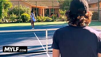 Stepmother and stepson compete in a tennis tournament, showcasing their skills on the court.