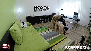 Teeny brunette sucks and fucks boss at work