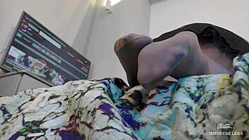 Close up of sweaty feet in dirty pantyhose and leggings