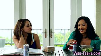 latina teen 18+ explores lesbian desires with petite babe