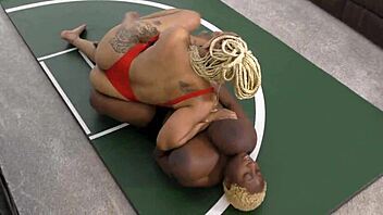 tall black milf dominates tattooed amazon in wrestling submission