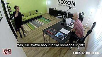 Teeny brunette sucks and fucks boss at work