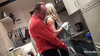 Hey, this blonde german housekeeper is getting a cumshot in the house