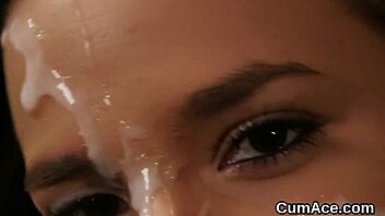 Hot Looker GETS CUM SHOT on Face Eating Spunk Bukkake Blowbang